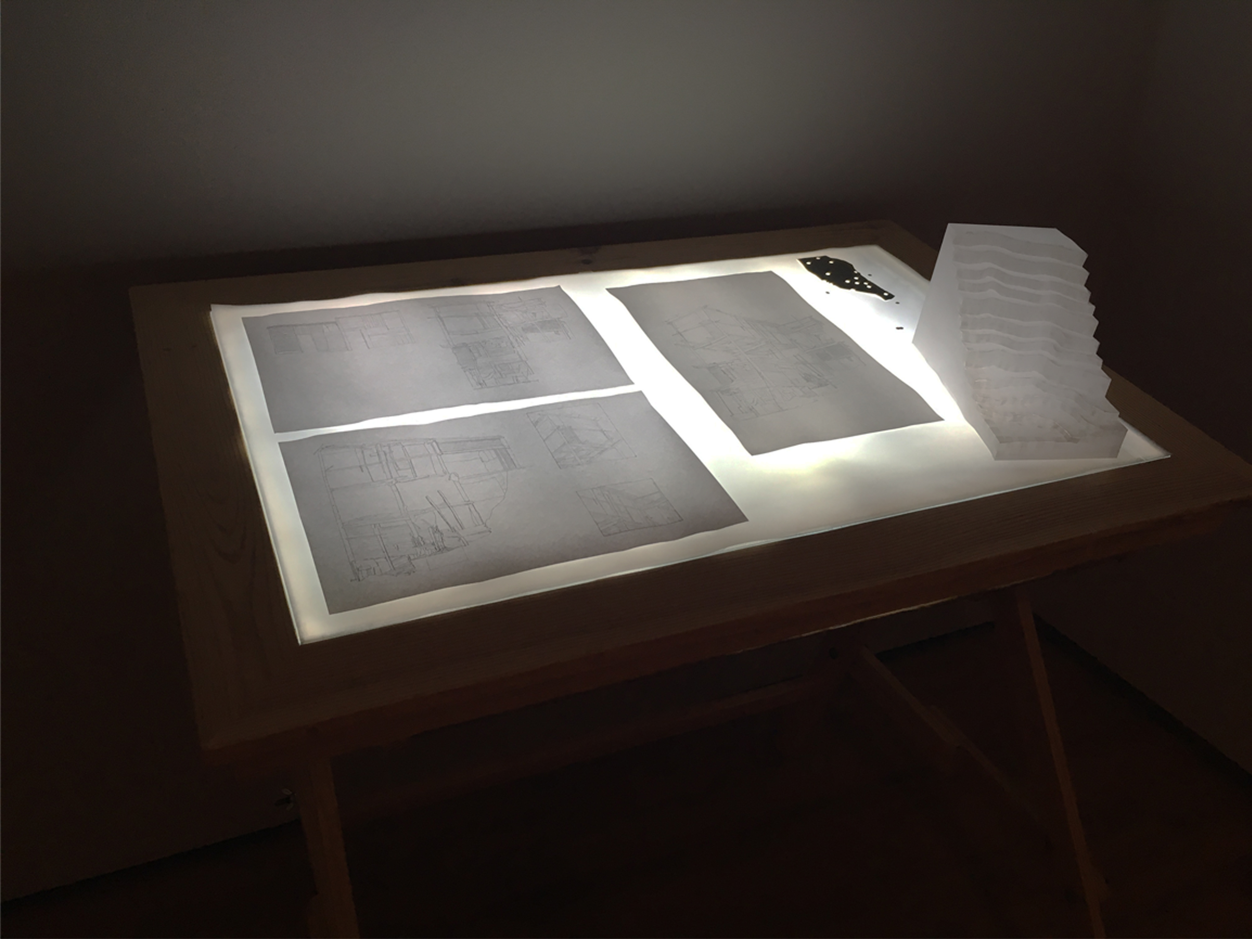 Detalle Arquitecturas leves, 2012. Mesa de luz, impresiones, papel.